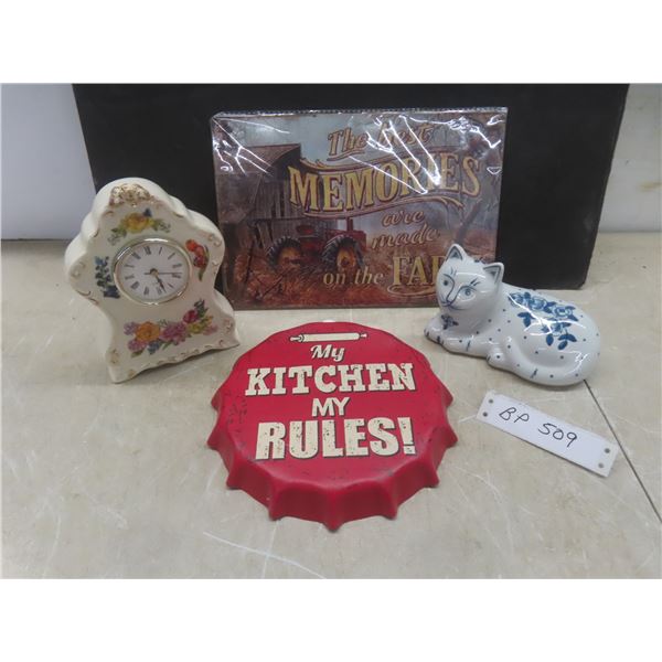  8-1/2" Tin Bottle Cap My Rules, 8" x 12" Sign, Cat ORT & Decorative Clock Working