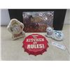 Image 1 :  8-1/2" Tin Bottle Cap My Rules, 8" x 12" Sign, Cat ORT & Decorative Clock Working