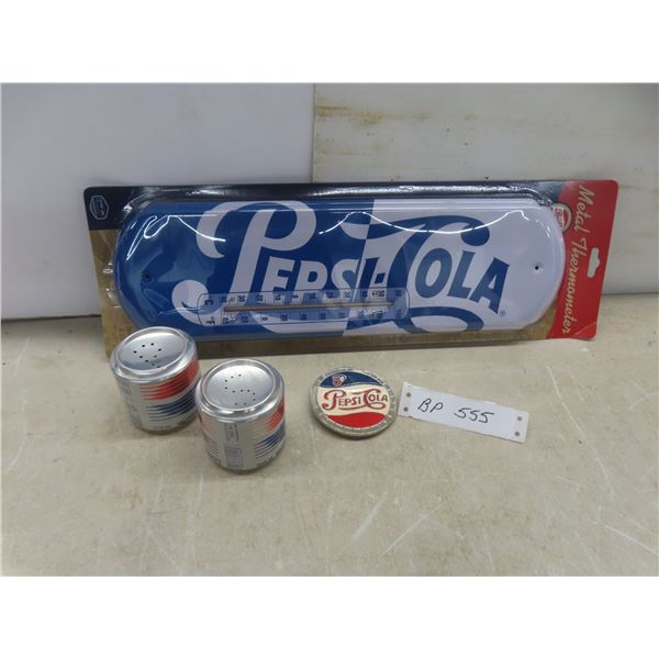 3 Pcs Pepsi-Cola: Belt Buckle, Salt & Pepper Shakers, Metal Thermometer