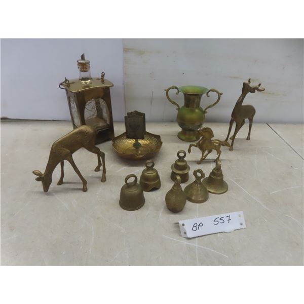 12 Pcs of Brass: 6 Bells, 1 Vintage Ash Tray with Match Holder, 2 Deer, 1 Unicorn, 1 Brass Vase, 1