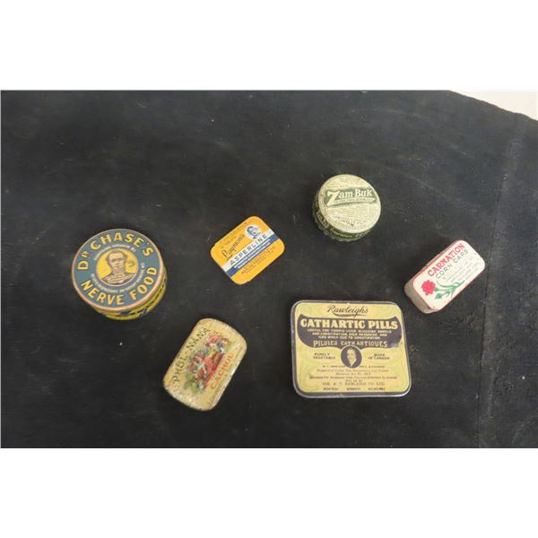 6 Antique Apothecary Pharmacy Druggist Ointment/Tins Some with Product: Rawleighs, Asperline, Dr.