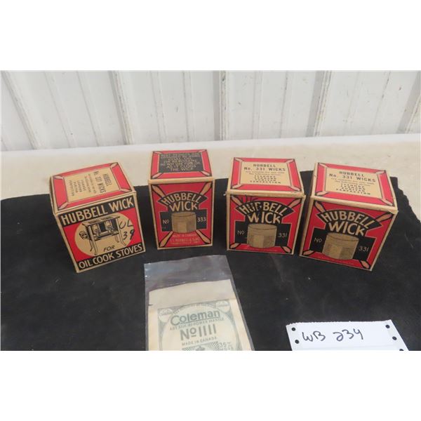 4 Vintage Hubbell No. 331 & No. 332 Stove Wicks in Original Boxes, Coleman No 1111 Mantle Unopened