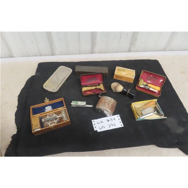 Vintage Shaving Lot: 5 Razors, Strop, Sharpening Stone, Blades, Brush, Cases