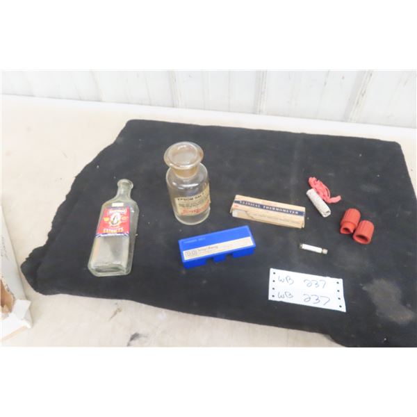 Rare Antique Sperling Manitoba Druggist Lot: 2 Bottles, 2 Thermometers & Antiseptic Bottle, Cutter,