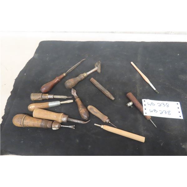 12 Antique Leather Tools: Punches, Awls, Scraper, Chisel, Brush