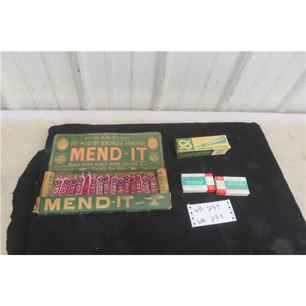 Super Cool Antique Old General Store Product Lot: Mend It Store Display, Cutting Knife &