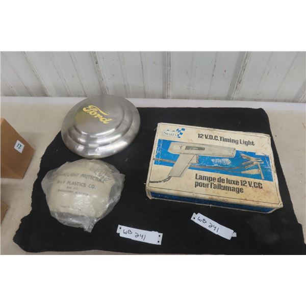 Vintage Sears Timing Light, Ford Dog Dish Hub Cap & 2 Sure Lite Headlight Protection Covers (New