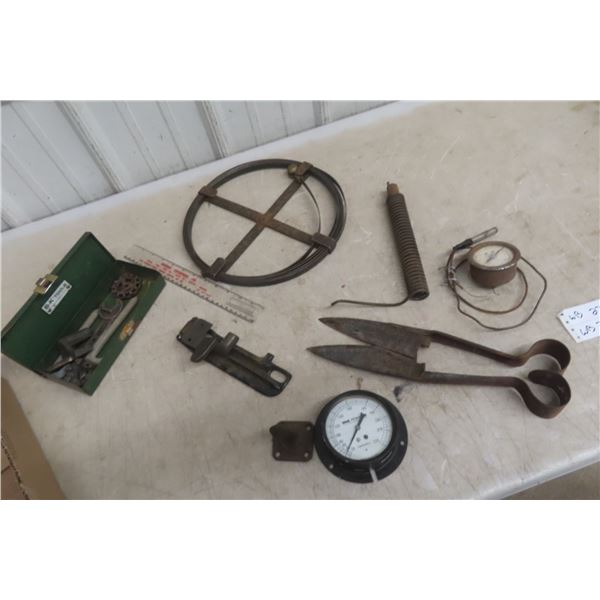Old Tool & Gauges Lot: 2 Gauges, Sheep Shears, SK Tool Case, Wrench, Plumbers Tool, Repurpose Iron