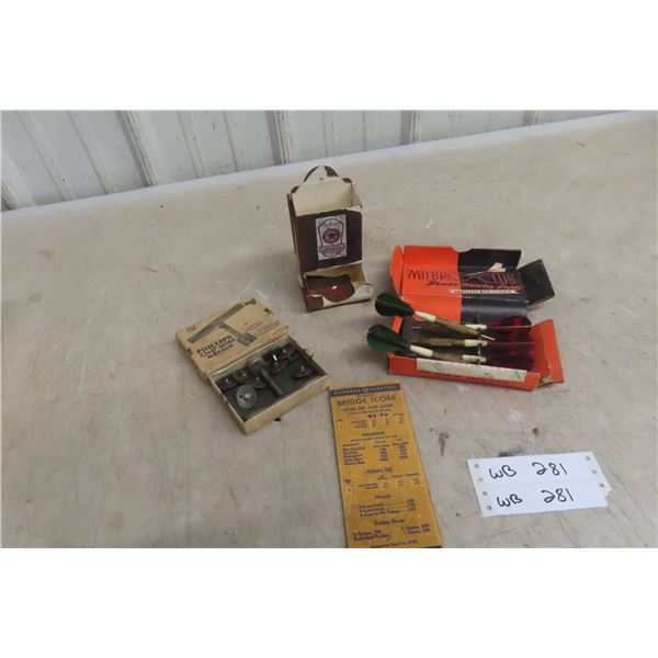 Old General Store Product Lot: 5 Milbro Club Brass Throwing Darts with Box, Phillips Golf Spike