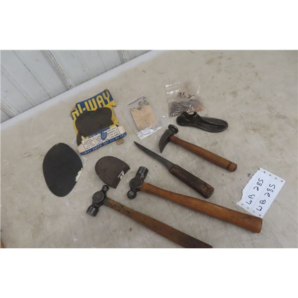 Vintage Cobbler & Blacksmith Lot: 2 Ball Peen Hammers, Cobbler Hammer, Shoe Mold, Snaps, Heels &