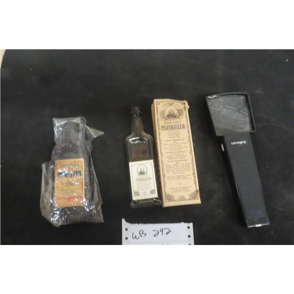 Antique Druggist Lot: Davis Pain Killer Glass Bottle & Box, Goldex Oil of Tartar Glass Bottle &