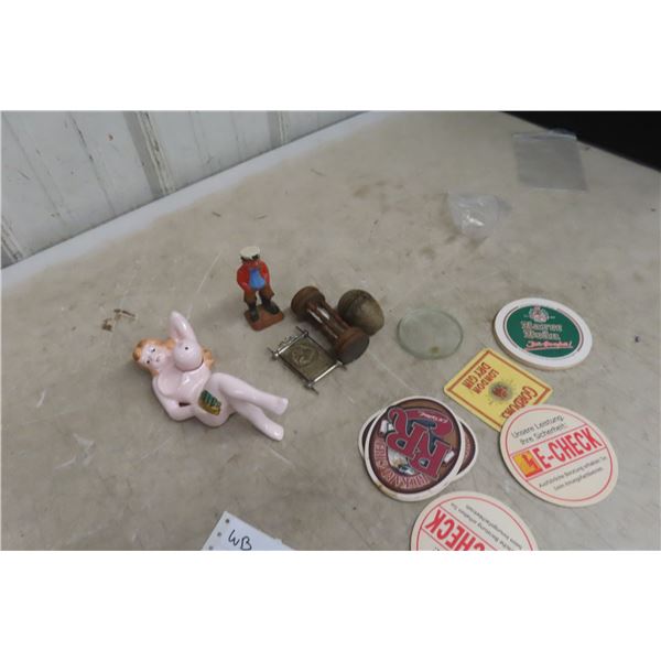 Vintage Risqué Salt Shaker, German Wood Carving of Sailor, Wood Egg, Beer Coasters, Magnifying