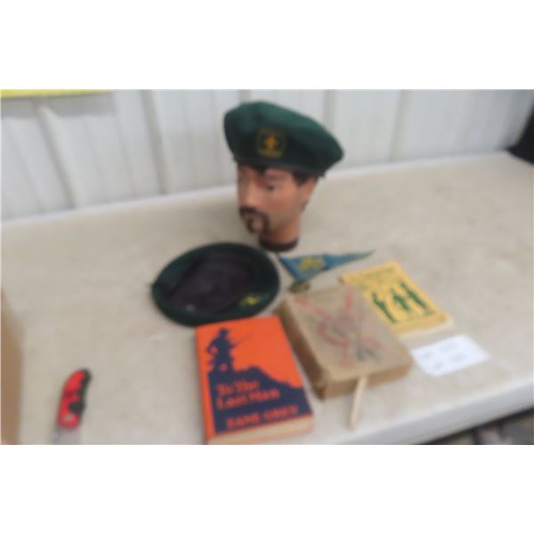 3 Vintage Boys Scout Books, 2 Canada Scouts Beret Large Hats & World Flag Pennant