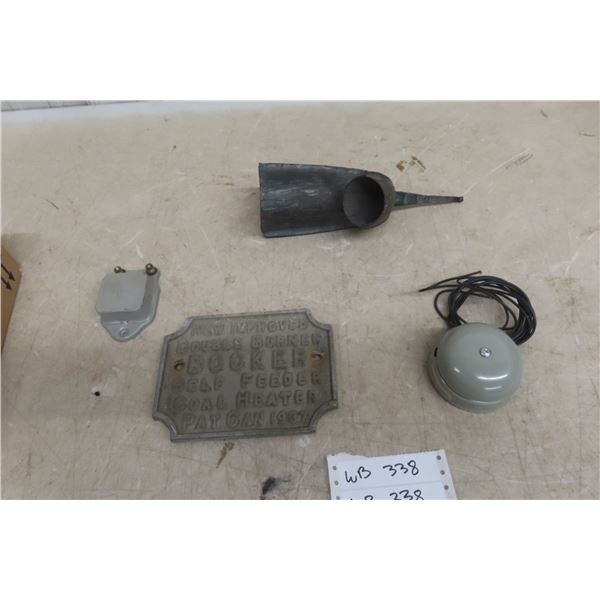 Antique Man Cave Decor Lot: Faraday Bell Ringer, Booker Cast Iron Plate & Metal Double Horn