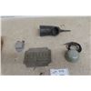 Image 1 : Antique Man Cave Decor Lot: Faraday Bell Ringer, Booker Cast Iron Plate & Metal Double Horn