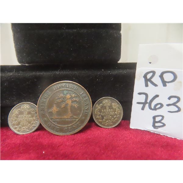 1871 P.E.I. One Cent Coin, 1907 Canadian Silver 5-Cent & 1911 Canadian Silver 5-Cent – Qty 3