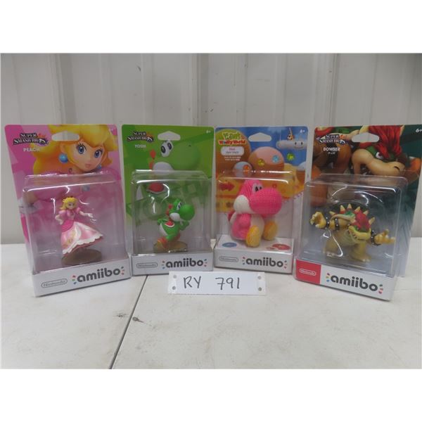 Nintendo Mario Amiibo Figures in Box: Peach, Bowser, Yoshi & Pink Yarn Yoshi – Qty 4