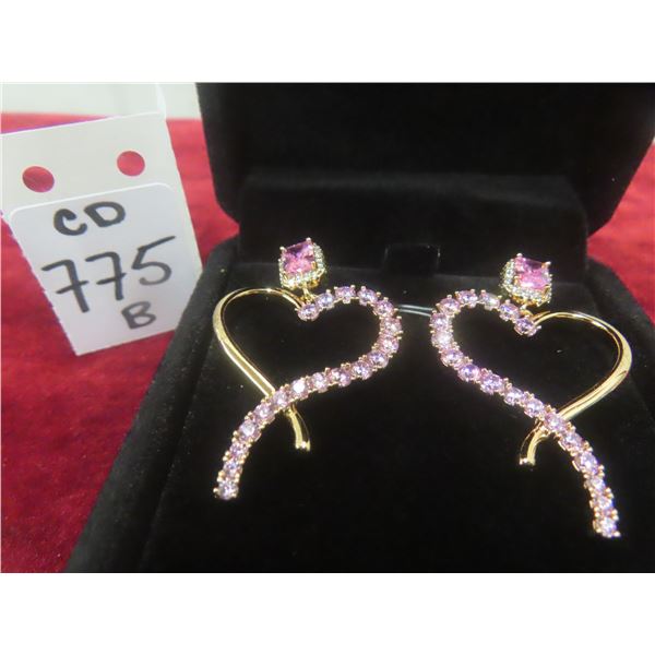 New 18K Gold Plated Emerald Cut Pink Simulated Diamond (CZ) Heart Dangle Earrings, 1.0 ct Each