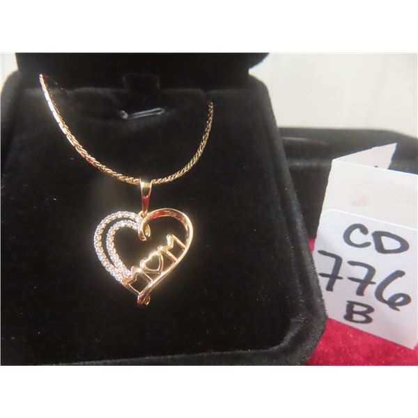 New 18K Gold Plated Simulated Diamond (CZ) "Mom" Heart Necklace, 25.0 mm – 19.5" Long
