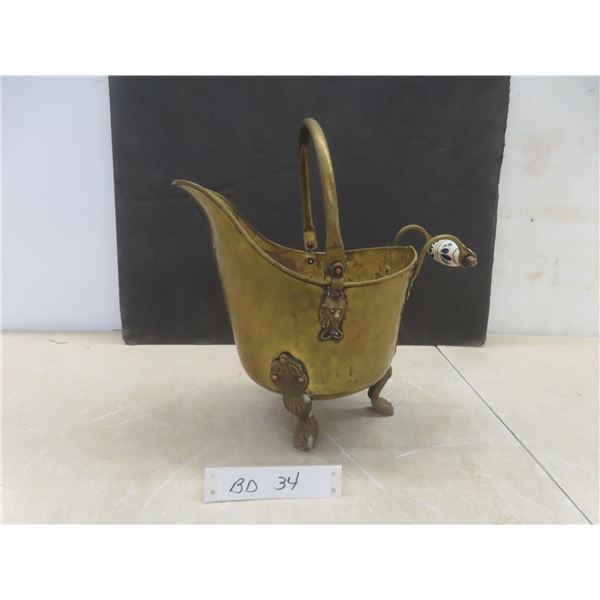 Antique Hammered Brass Coal Scuttle with Delft Handle - 12" Tall with Handle Up