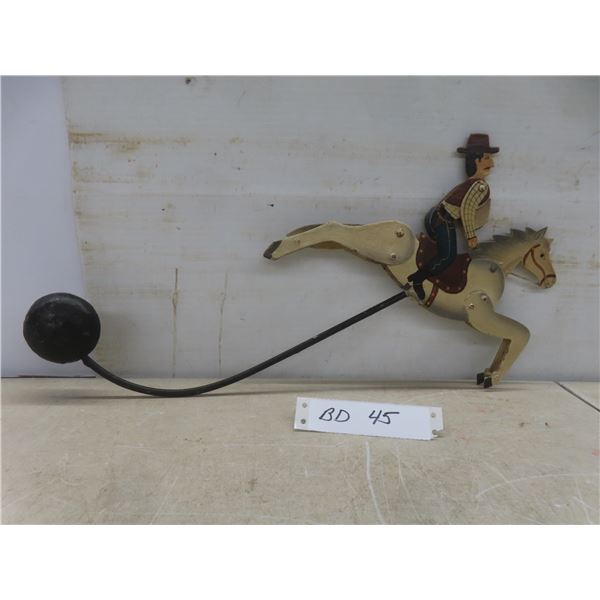 Vintage Hand Painted Folk Art Metal Balancing Toy Cowboy on Horseback Pendulum