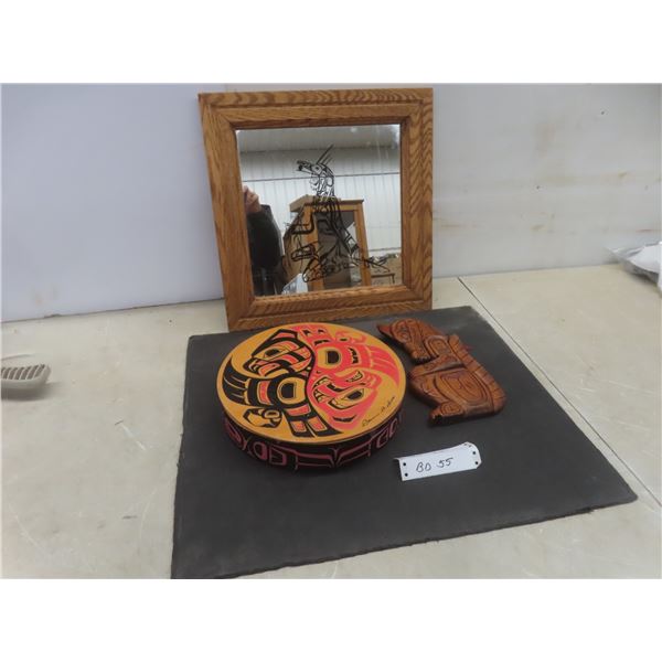 Vintage Hand Carved Cedar First Nations Haida Wall Hanging by Earl Wadhams - 10" Tall - Plus Mirror