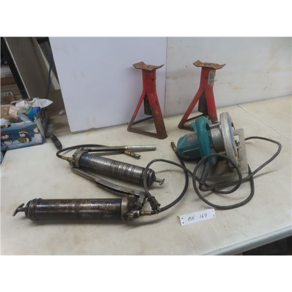 Grease Guns, Makita 7-1/4" Power Circular Saw, 2 Jack Stands - No Pins