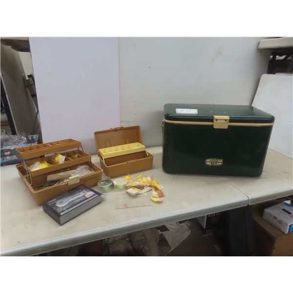 Thermos Metal Cooler, 2 Tackle Boxes w/ Weights, Jigs, Line and More