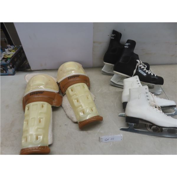 Cooper Shin Pads, Mens Hockey Skates (No Size Listed) & Girls Figure Skates Sz 9