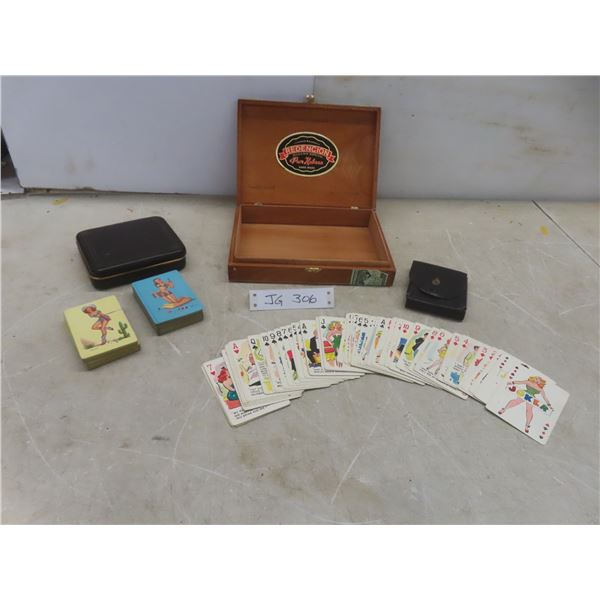 2 Vintage Pin-Up Girl Playing Cards in a Case - Artist D'Amario - Set of Playing Cards with Jokes