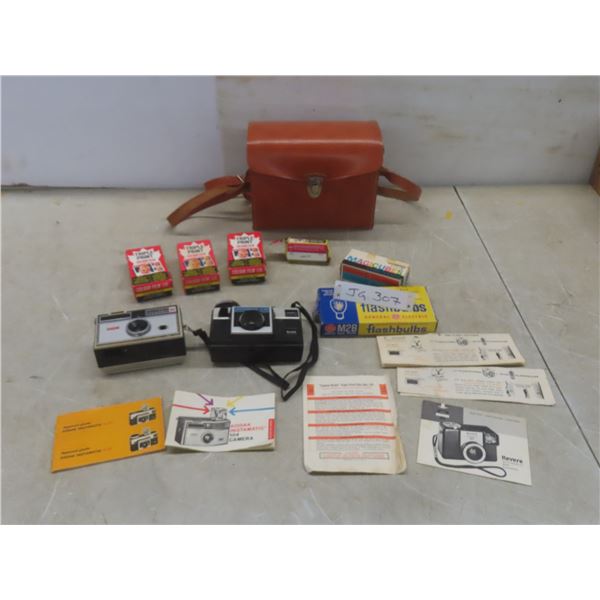 2 Vintage Kodak Instamatic Cameras: X-15 & 104 - Film & Flashbulbs in a Leather Case