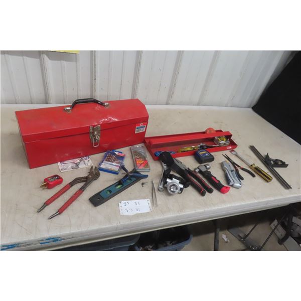 Metal Tool Box, Hand Tools, Pliers, Remote Drill Bits, Tape Measure +