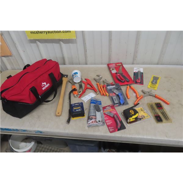 Husky Tool Bag, Hand Tools, Adjustable Wrench, Cutters, Pliers, Tape Measure, Utility Knife Plus