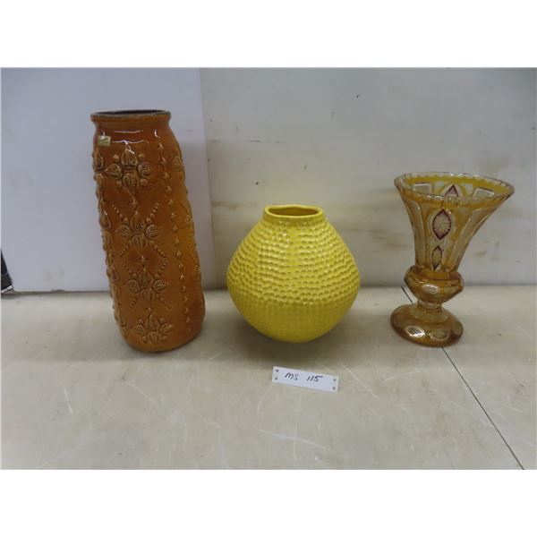 3 Vases: 16" Europa Made in Germany, 11" Glass & 10-1/2" Yellow