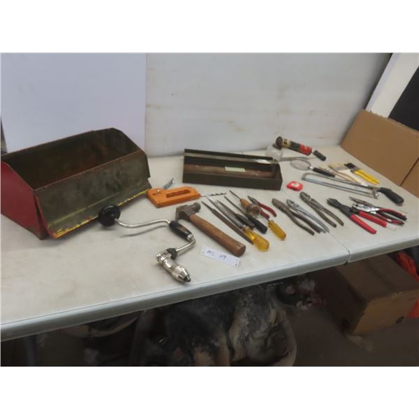 Metal Toolbox w/ Files, Pliers, Manual Hand Drill, Stapler, Hack Saw, Bug Sprayer w/ Glass Bottle