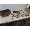 Image 1 : Metal Toolbox w/ Files, Pliers, Manual Hand Drill, Stapler, Hack Saw, Bug Sprayer w/ Glass Bottle
