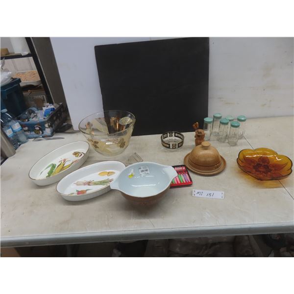 Covered Cheese Pottery Dish, Pickle Forks, 6 Spice Jars, Pyrex Mixing Bowl, 2 Evesham Fine Oven