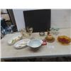 Image 1 : Covered Cheese Pottery Dish, Pickle Forks, 6 Spice Jars, Pyrex Mixing Bowl, 2 Evesham Fine Oven