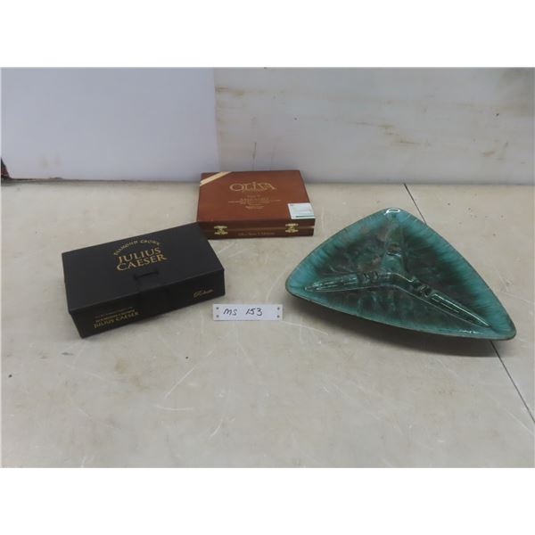 Blue Mountain Ash Tray, Wooden Cigar Box & Leather Style Julius Caesar Diamond Crown Cigar Box