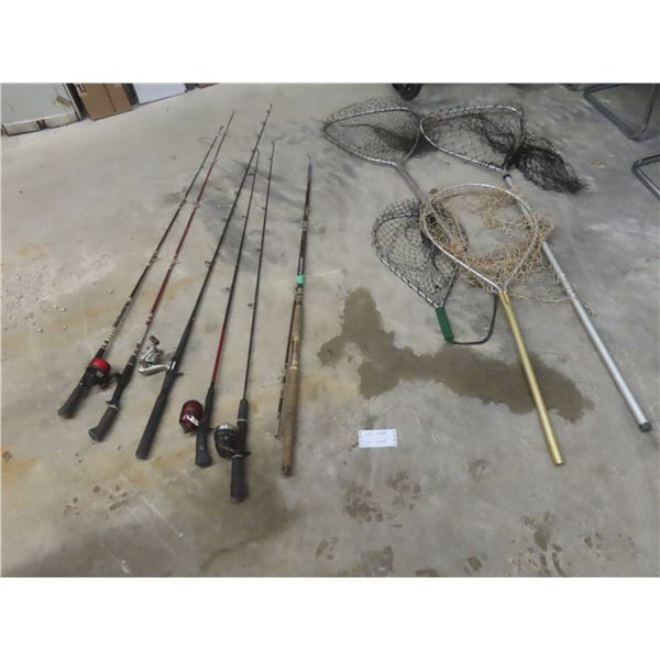 6 Fishing Rods, 4 Reels, 4 Nets - 1 in Need of Repair