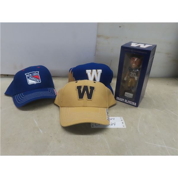 3 New Ball Caps: NY Rangers, Winnipeg Blue Bombers & Brady Oliveira Football Figure Factory Sealed