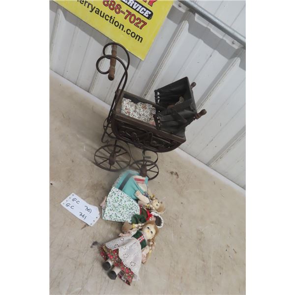 4 Porcelain Dolls & Decorative Carriage