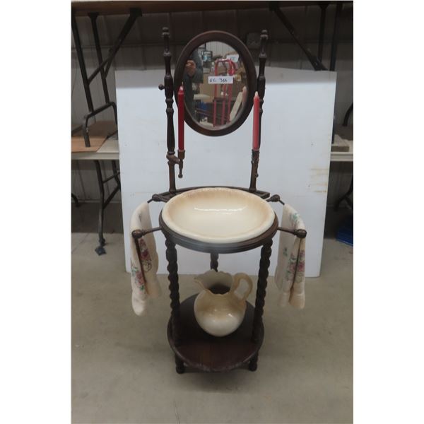 Vintage Victorian Style Wash Stand with Barley Twist Legs, Swivel Mirror, Towel Rack, Candle Holder,