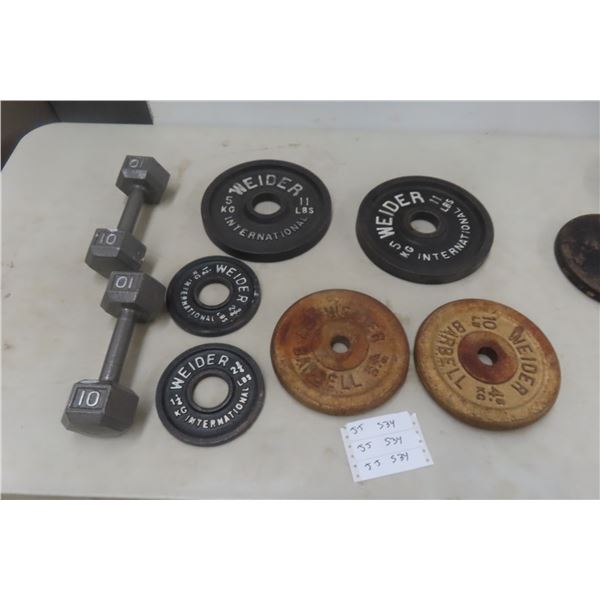 Weider Steel Weights: 2x 11 lb, 2x 10 lb, 2x 2-1/4 lb & 2x 10 lb Dumbbells