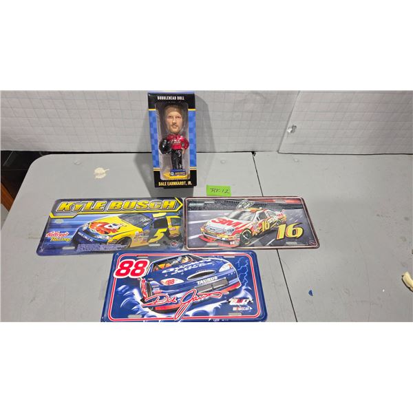Dale Earnhardt Jr. Bobblehead and 3 NASCAR Licence Plates – Kyle Busch, Dale Jarrett, Greg Biffle