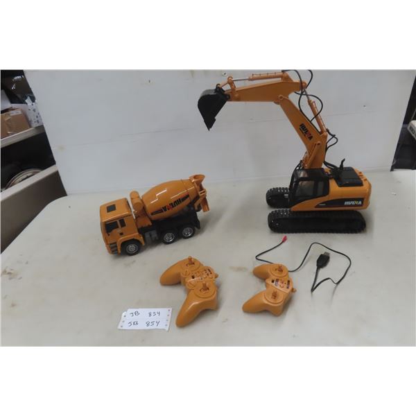 Huina Excavator and Cement Truck with Remote, Battery, and Charger