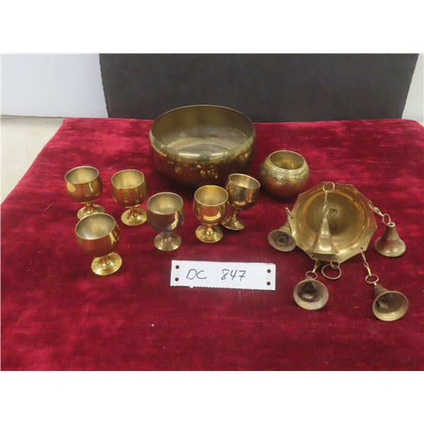 Brass Pieces: Footed Bowl, Miniature Goblets, Hanging Bell