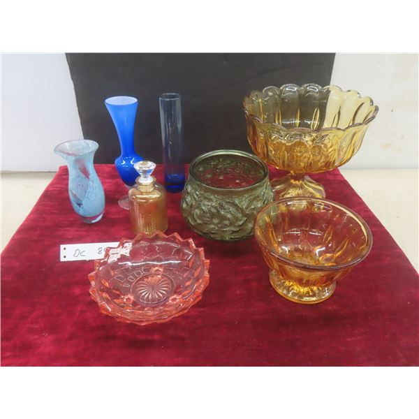 Coloured Glass – Fruit Bowl, Vases, and Candy Dish (Amber, Green, Blue)