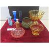 Image 1 : Coloured Glass – Fruit Bowl, Vases, and Candy Dish (Amber, Green, Blue)