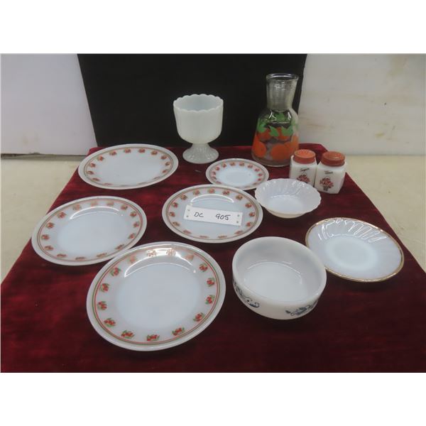 Milk Glass: Salt, Pepper Shakers, Plates, and Vintage Juice Pitcher